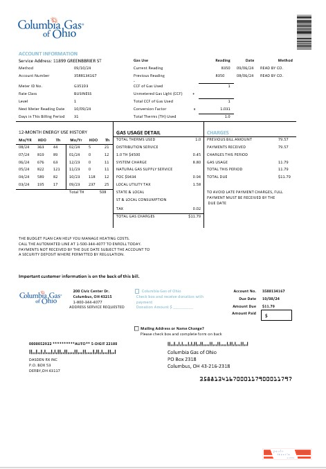 USA Columbia Gas of Ohio business utility bill template in Word and PDF formats